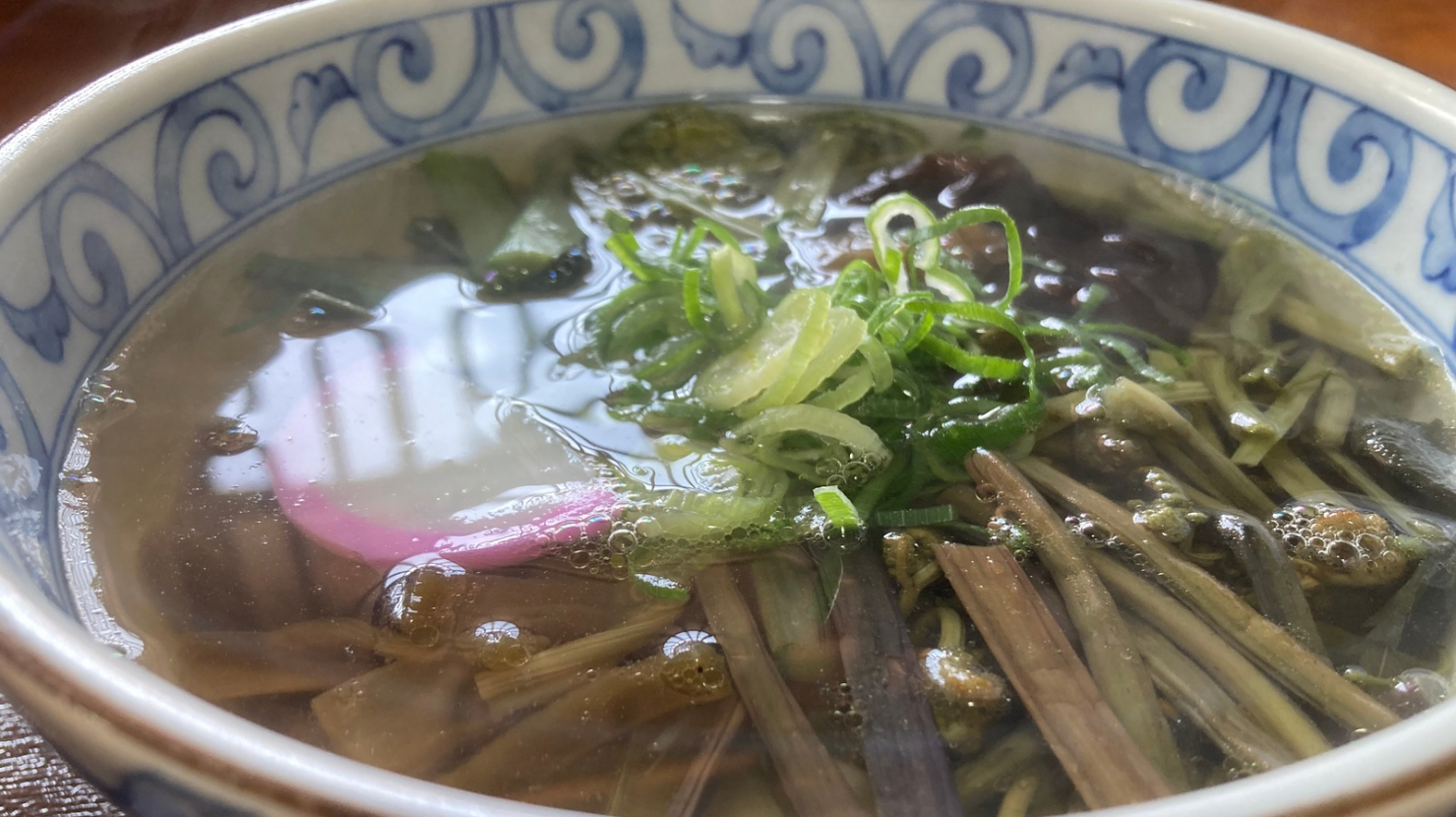 alt="白川郷　お食事処いろりでいただいた山菜うどん"